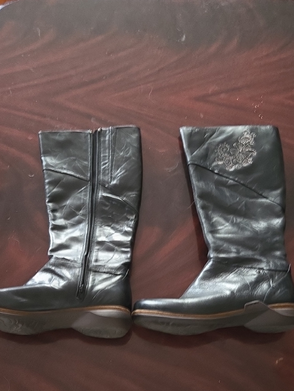 Women's Black Mid-Calf Leather Boots with Side Zip and Embroidered Detail